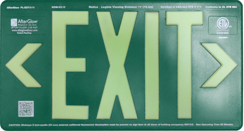 AfterGlow, LLC UL 924 EXIT Sign, Green, Single Face, 75’ Viewing Distance