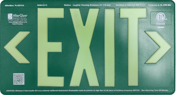 AfterGlow, LLC UL 924 EXIT Sign, Green, Single Face, 100’ Viewing Distance