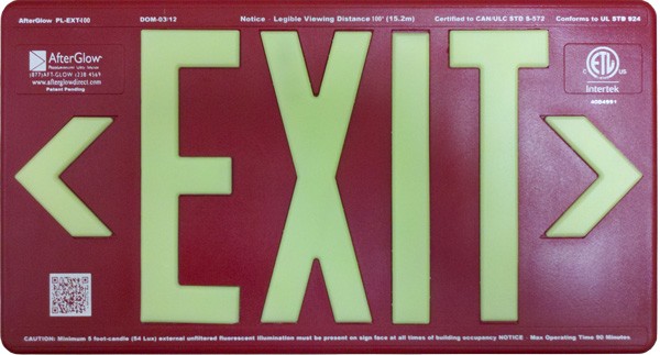 AfterGlow, LLC UL 924 EXIT Sign, Red, Single Face, 100’ Viewing Distance